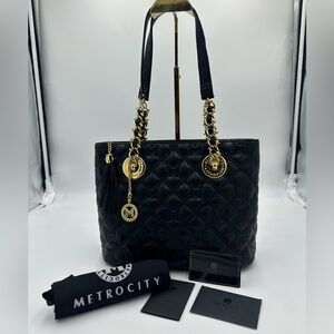 Black and Gold Leather Quilted Shoulder Bag